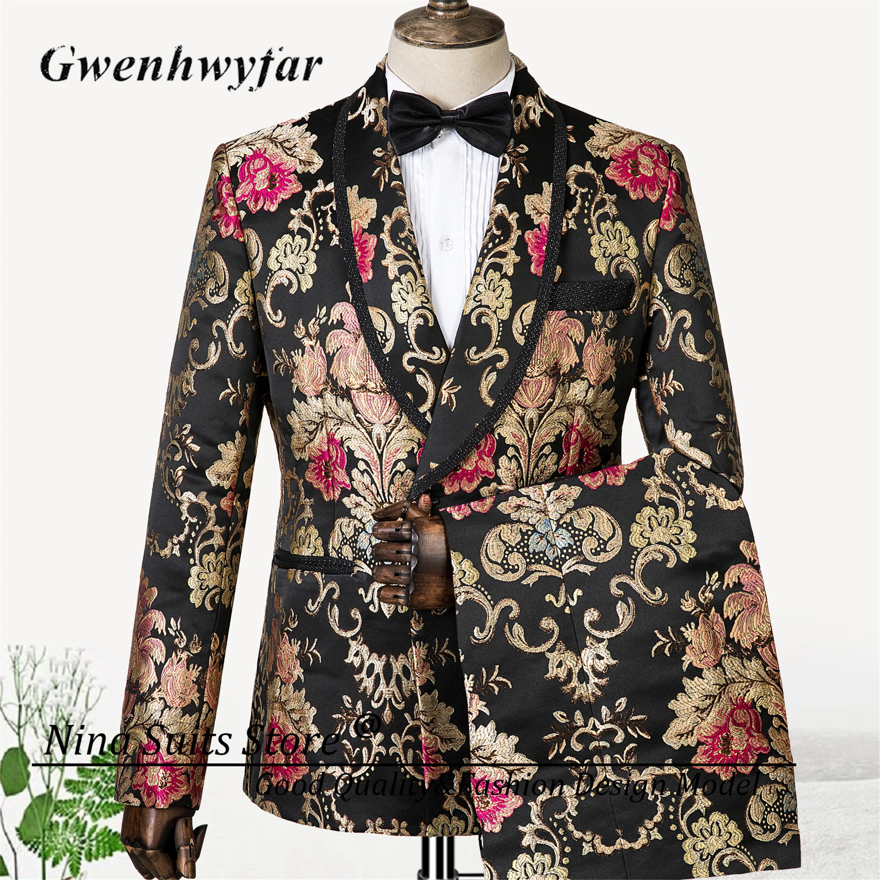 Gwenhwyfar Double Breasted Royal Pattern Men Tuxedo Shinny Embroidery Costume Homme Formal Male Suit With Blazer Pants Vest
