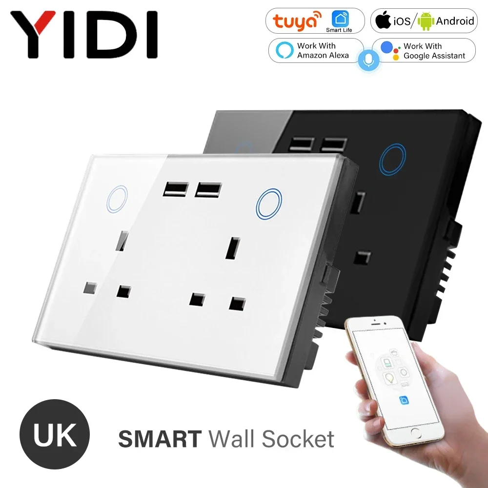 personalizado smart home wifi tomada de parede uk toque interruptor usb dupla tomada de energia eletrica controle remoto sem fio alexa google 01