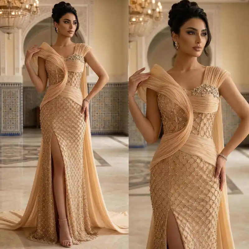 

Glamorous Beaded Mermaid Evening Dresses Sleeveless Floor Length Prom Gowns Front Slit Customized Dinner Party