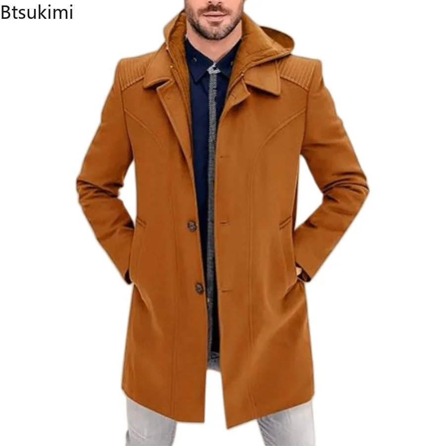 New 2025 Men's Autumn Winter Warm Woolen Jackets Fake Two Pieces Hooded Trench Coats Single Breasted Windbreaker Jackets Male