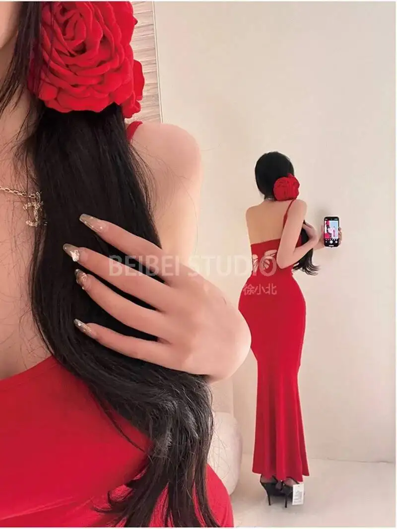 medium long butterfly backless dress elegant women's bag buttocks suspender long dress fashion sexy korean women dresses 80XR