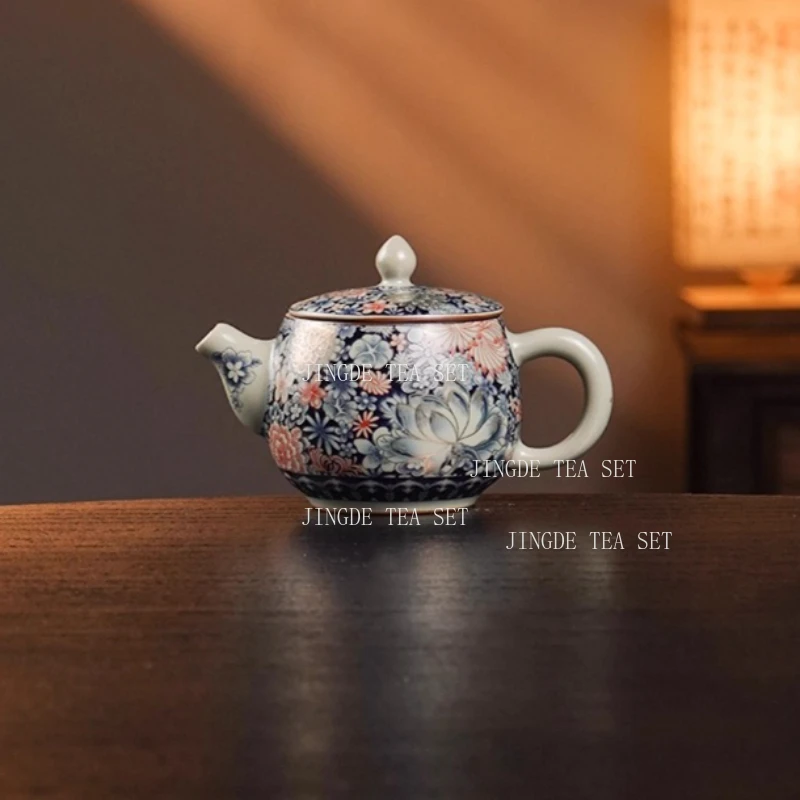 

Pinched Golden Peony Teapot Sky Blue Ru Kiln Opened Han Tile Pot Household Chinese Ceramic Teapot Enamel Kung Fu Tea Set