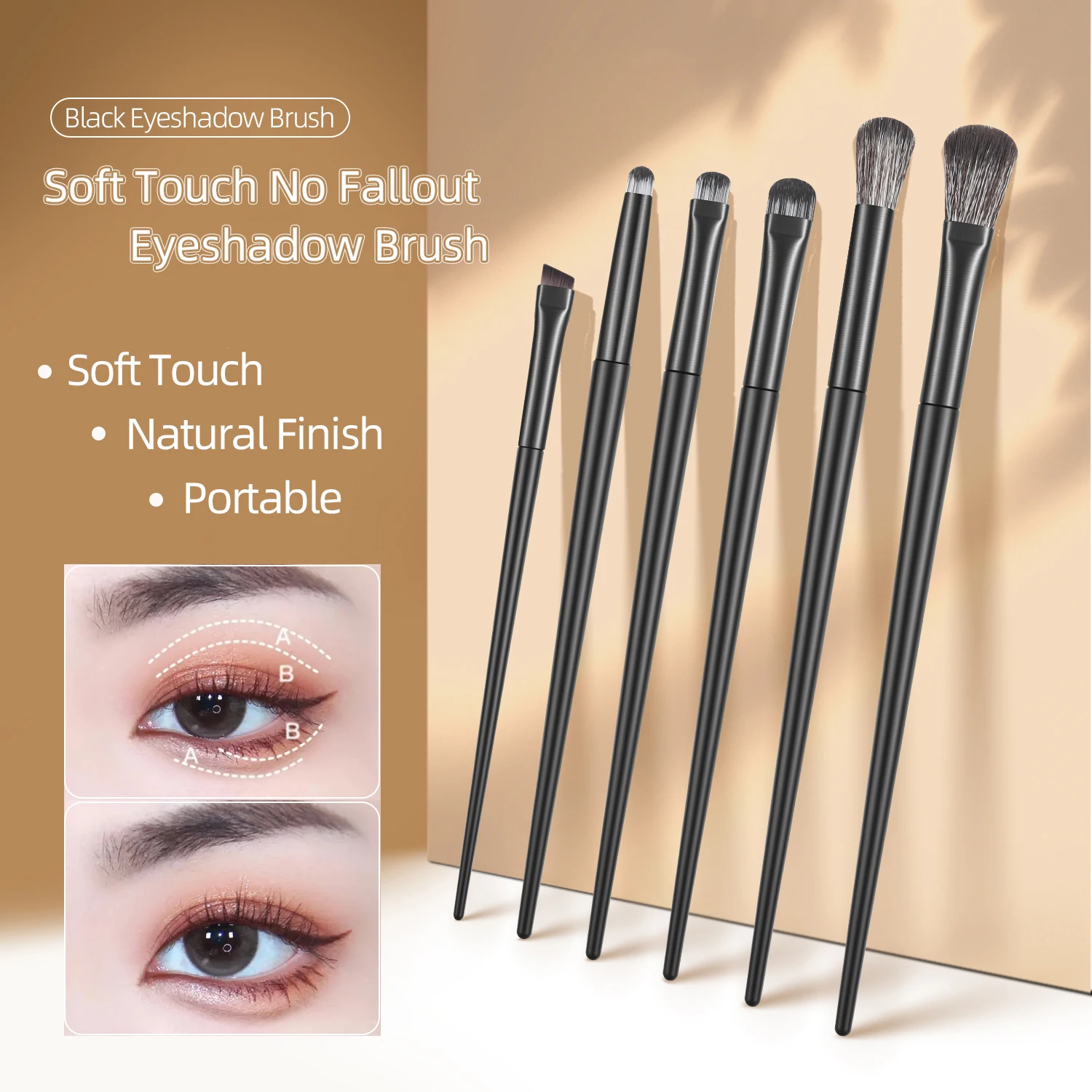 6 szt. Naturalnych pędzli do makijażu oczu, zestaw do blendowania cieni, konturowania brwi, eyelinera i precyzyjnych zdobień dla kobiet, do codziennego użytku, narzędzia kosmetyczne.