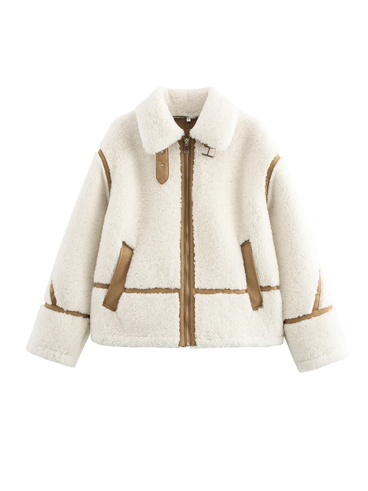 

2024 Autumn/Winter Women Spliced Lamb Wool One Coat European And American Style Lapel Loose Jacket Top
