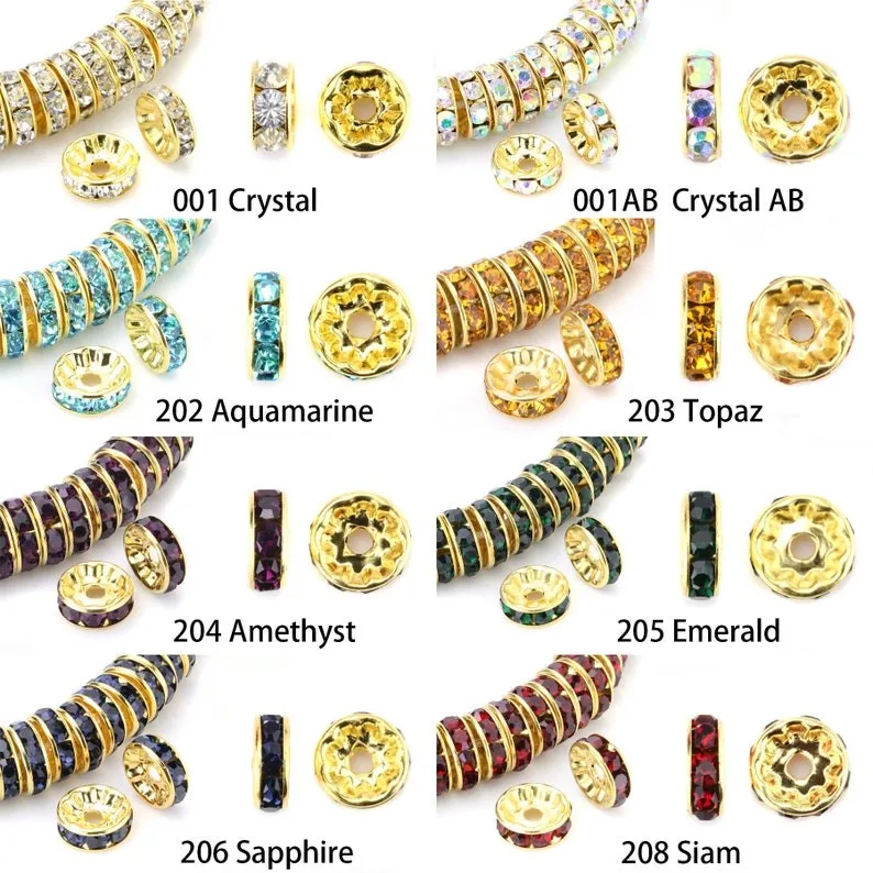 Rondelle Spacer Beads Gold Plated Color Crystal Rhinestone for Jewelry Making Connector 4mm 6mm 8mm 10mm 100pcs Bulk