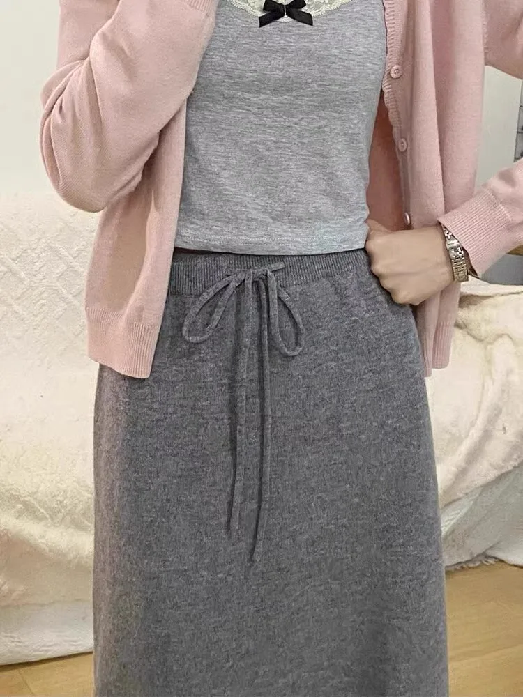 Cintura alta a linha de malha saia de lã feminina outono inverno longo midi saia dra efeito sli coreano sle commute