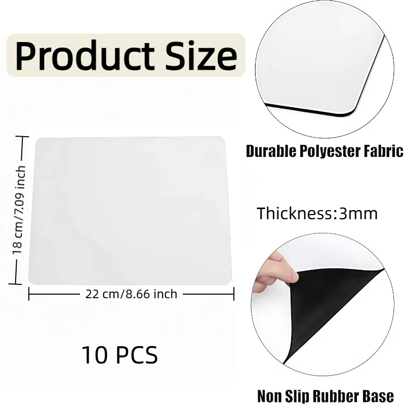 10pcs 22x18x0.3cm Sublimation Picture Mouse Pad Blanks Anti-Slip Rubber Mouse Mat for Office Laptop Computer Gaming