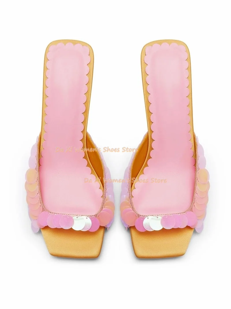 Glitter Material Pink Orange Color Color Blocking High Heels Sandals Square Head Slippers Party Formal Dress Shoe Summer  Heels