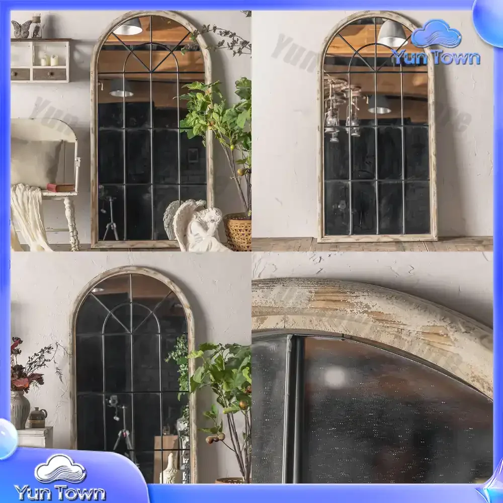 Vintage Wooden Arched Floor Mirror with Frame for Home Decor Full Length Standing Dressing Mirror for Wall Mount Clothing Try