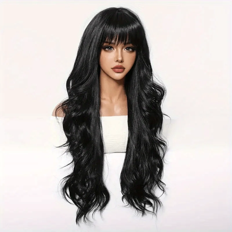 30-inch African Curly/Natural Wavy Wig with Bangs for Ladies - Soft Heat-Resistant Synthetic Hair, Suitable for Daily Wear