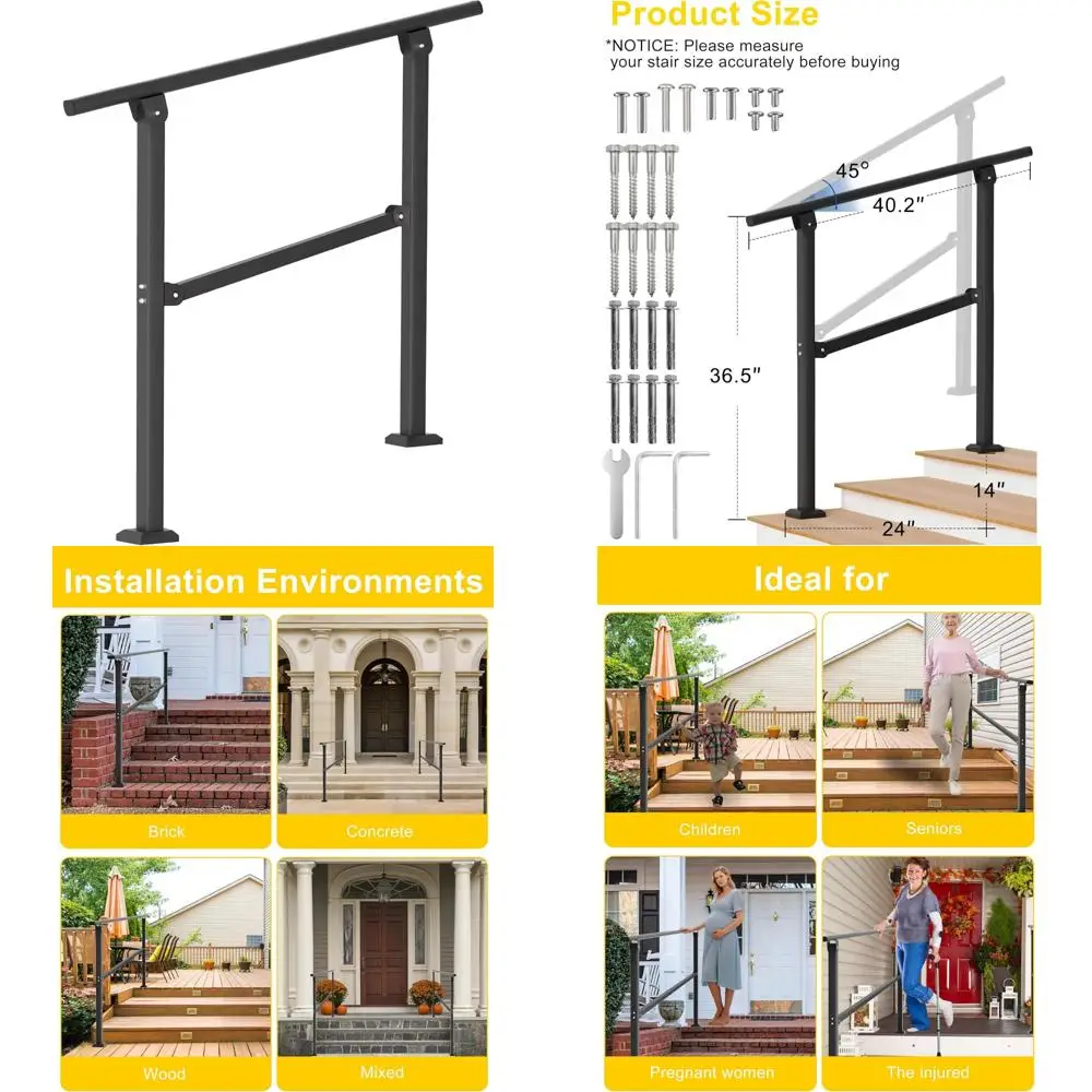 مجموعة درابزين الدرج الخارجية القابلة للتعديل لـ 1-3 خطوات، درابزين من الحديد المطاوع 40 × 36، حل درابزين اليد الخارجية للشرفة #1