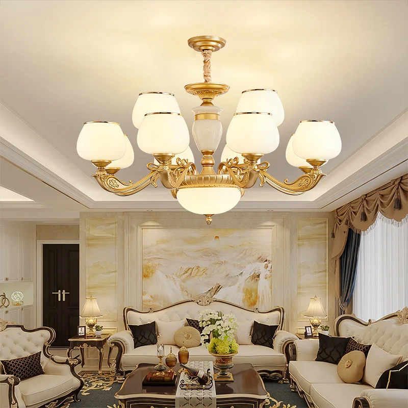 

Independent Villa Living Room Bedroom New Style Chandelier European Style Zinc Alloy Jade Glass Hardware Multi-lamp Wall