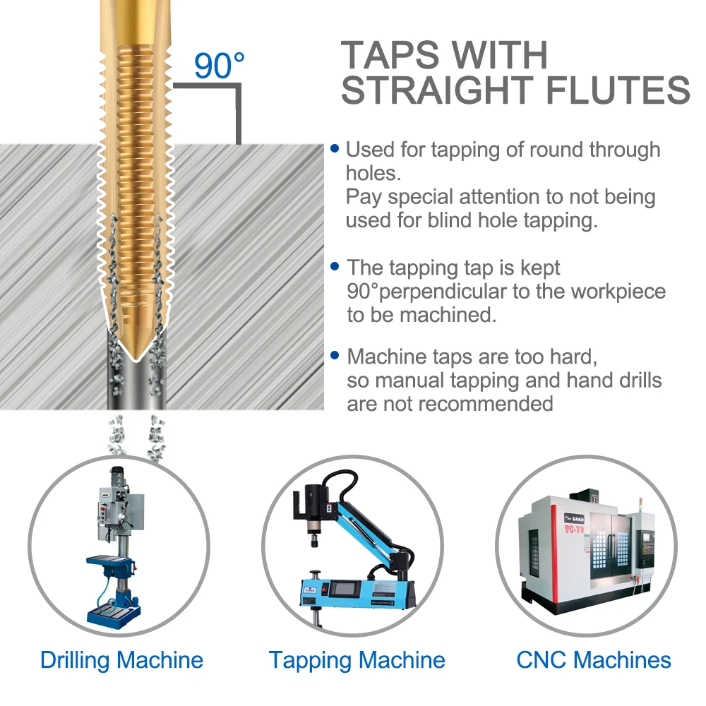 6Pcs HSS Machine Thread Taps 6542 Titanium Coated Straight Flute Metric Screw Taps M2 M2.5 M3 M4 M5 M6