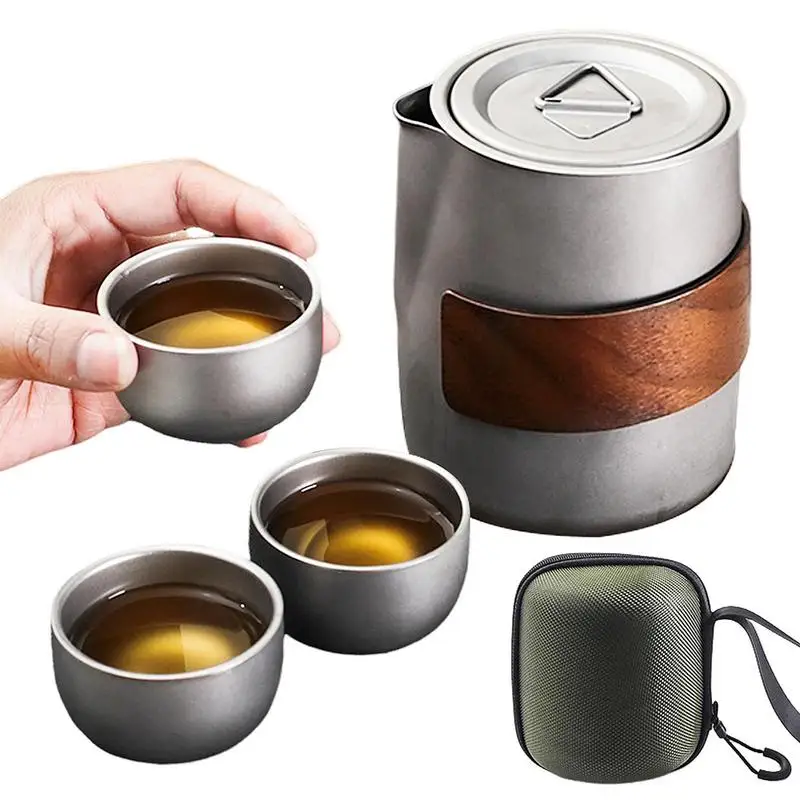 Double-Layer Camping Tea Set Travel Teapot With 3 Cups Tea Ceremony Set Tea Cups And Tea Storage Portable Tea Set With Case