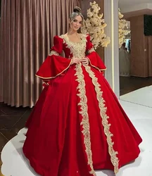 Traditional Kosovo Albanian Caftan Evening Formal Dresses with Long Sleeve 2024 Gold Applique Arabic Kaftan Prom Hown Outfit