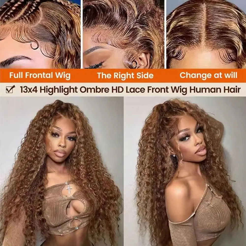 250% Density Highlight Colored 13x4 Lace Frontal Human Hair Wig Brazilian 4/27 Deep Wave Human Hair Wigs For Women Pre Plucked image 5