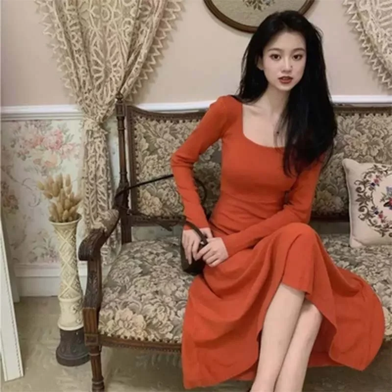 Retro Hong Kong Style Long Sleeve Square Collar Dress Elegant Slim Fit Midi Dress Outerwear Base Layer Skirt for Women