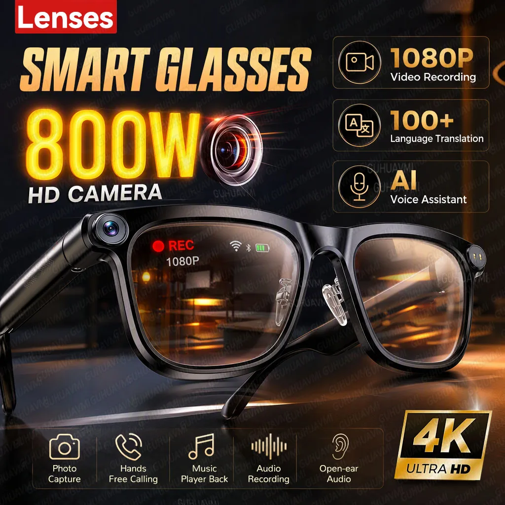 New AI Smart Glasses 8MP HD Camera Photo Capture Object Recognition 4K Video Recording AI Translation Open-ear Music Sunglasses