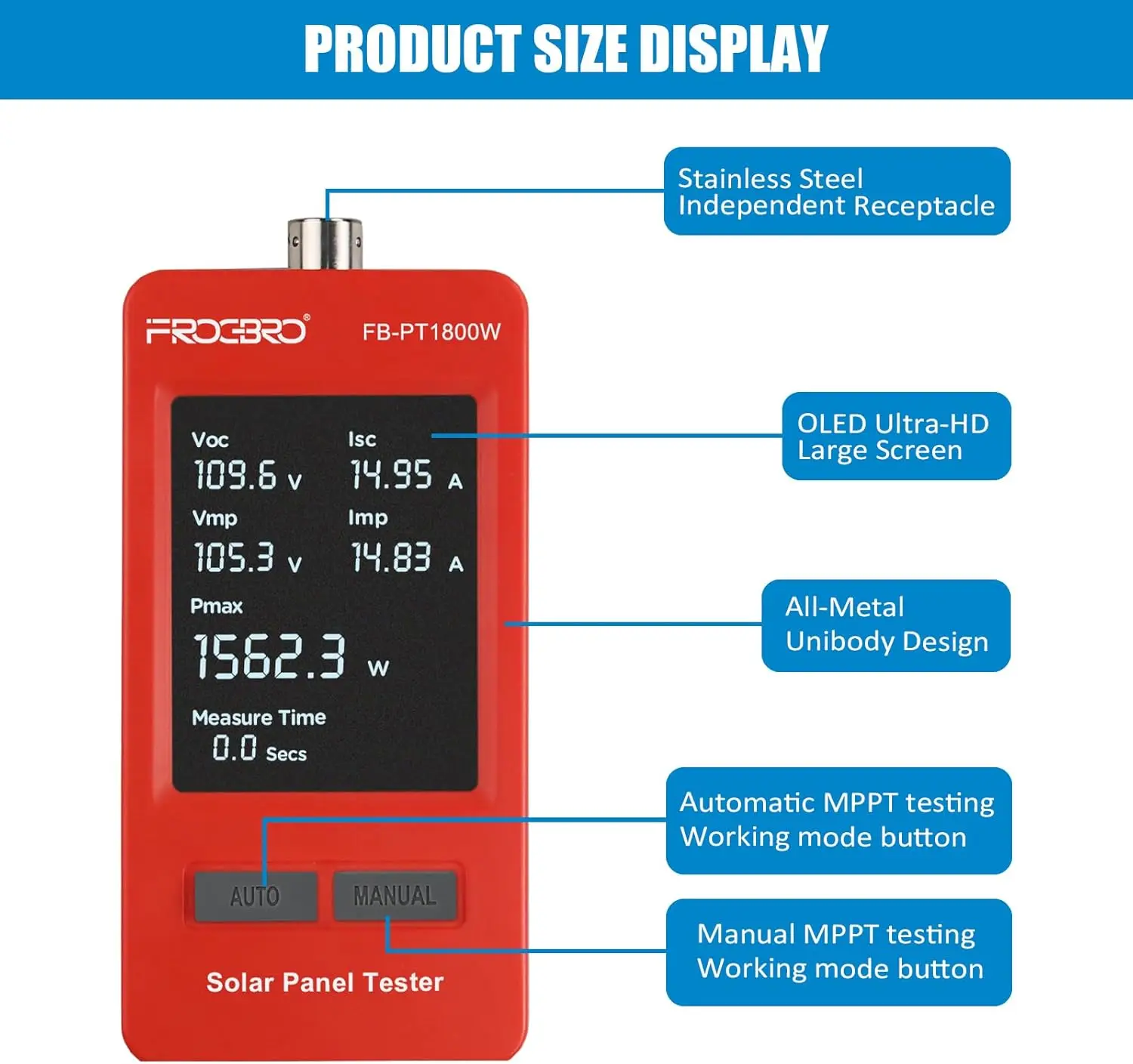 Tester per pannelli solari da 1800 W con display OLED MPPT e HD per diagnostiche fotovoltaiche