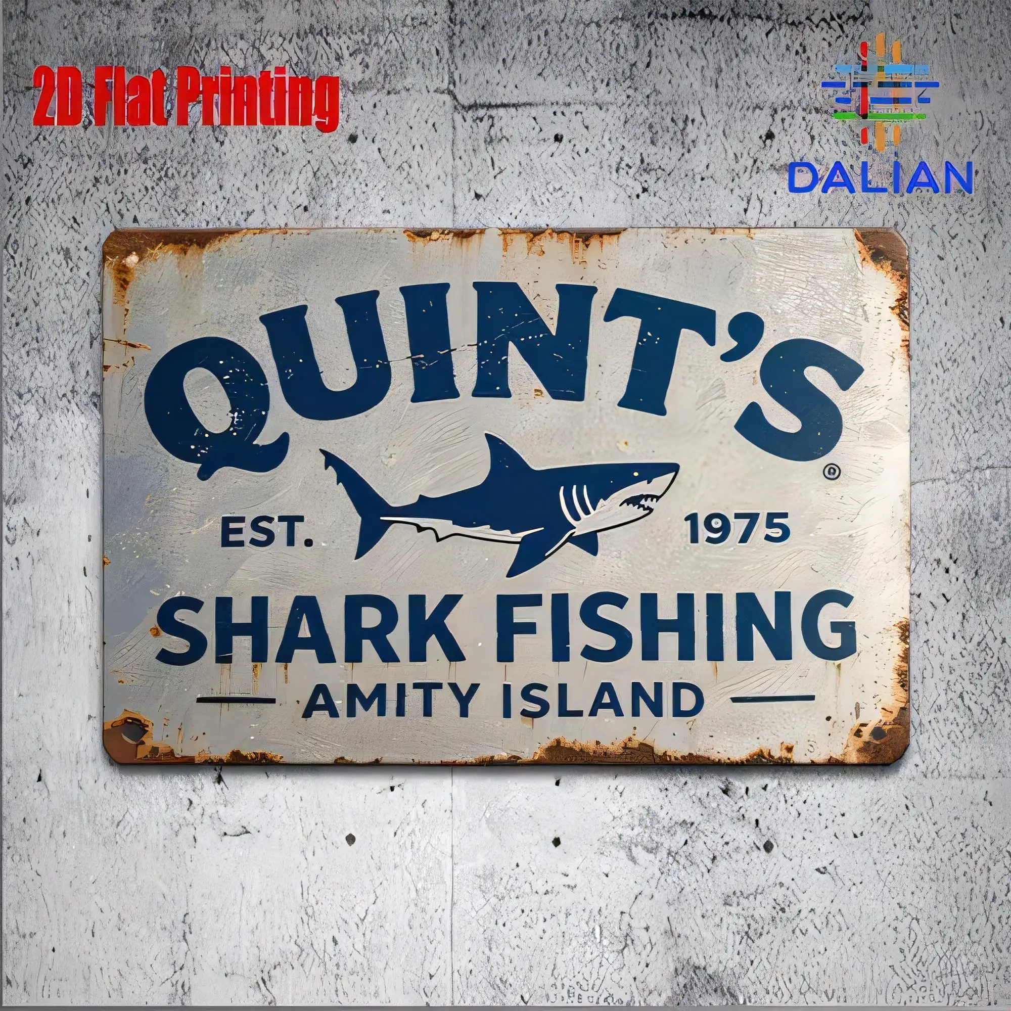 Tin Sign “Quint’s Shark Fishing Amity Island Est 1975” Retro Metal Wall Plaque for Bar Pub Man Cave Beach House Decor   Gift for