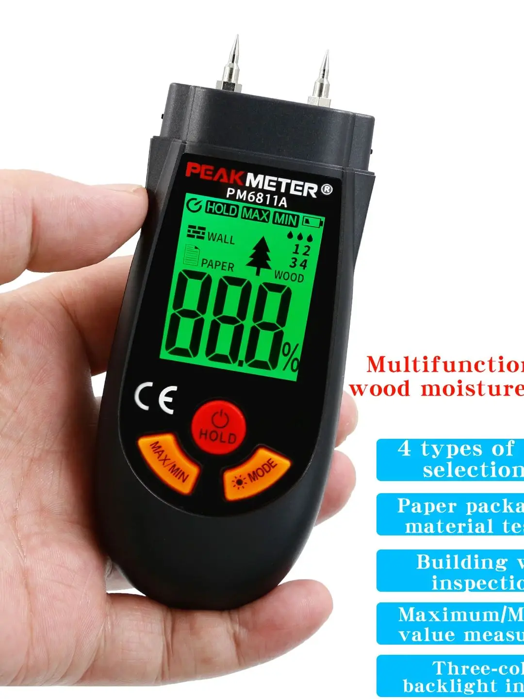 PM6811A Humidimètre pour bois, dispositif de mesure du contenu d'humidité du carton et du sol, testeur d'humidité.