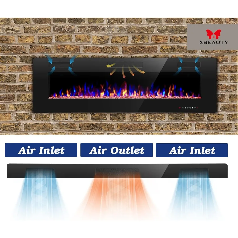 Chimenea eléctrica de 60" empotrable en la pared y montada en la pared Calentador de chimenea de 1500 W y chimenea lineal con temporizador/flame multicolor