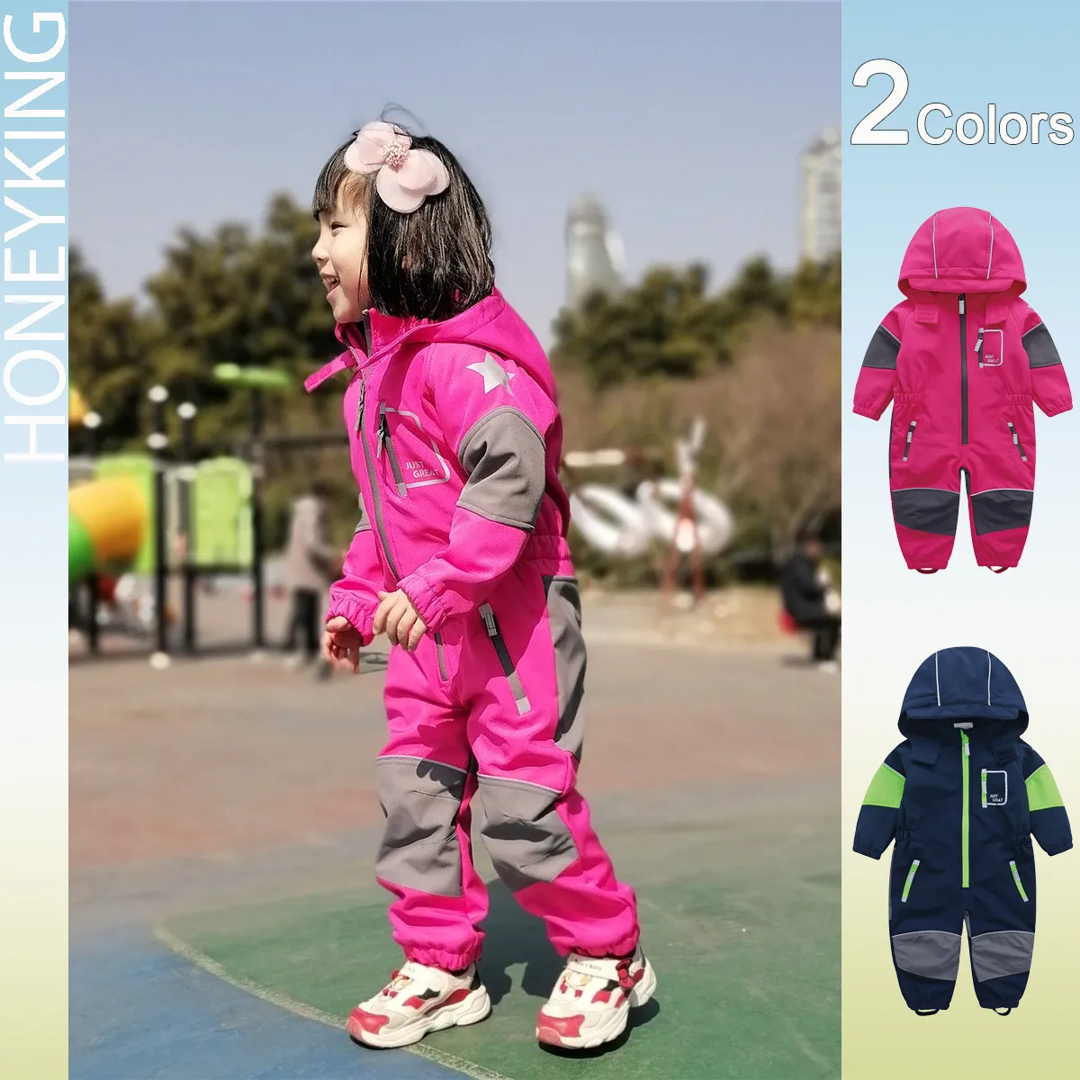 HONEYKING Children's Softshell Overalls Outdoor Hooded Coveralls Baby Rompers Windproof Waterproof Jumpsuit Kids Warm Jumpsuit