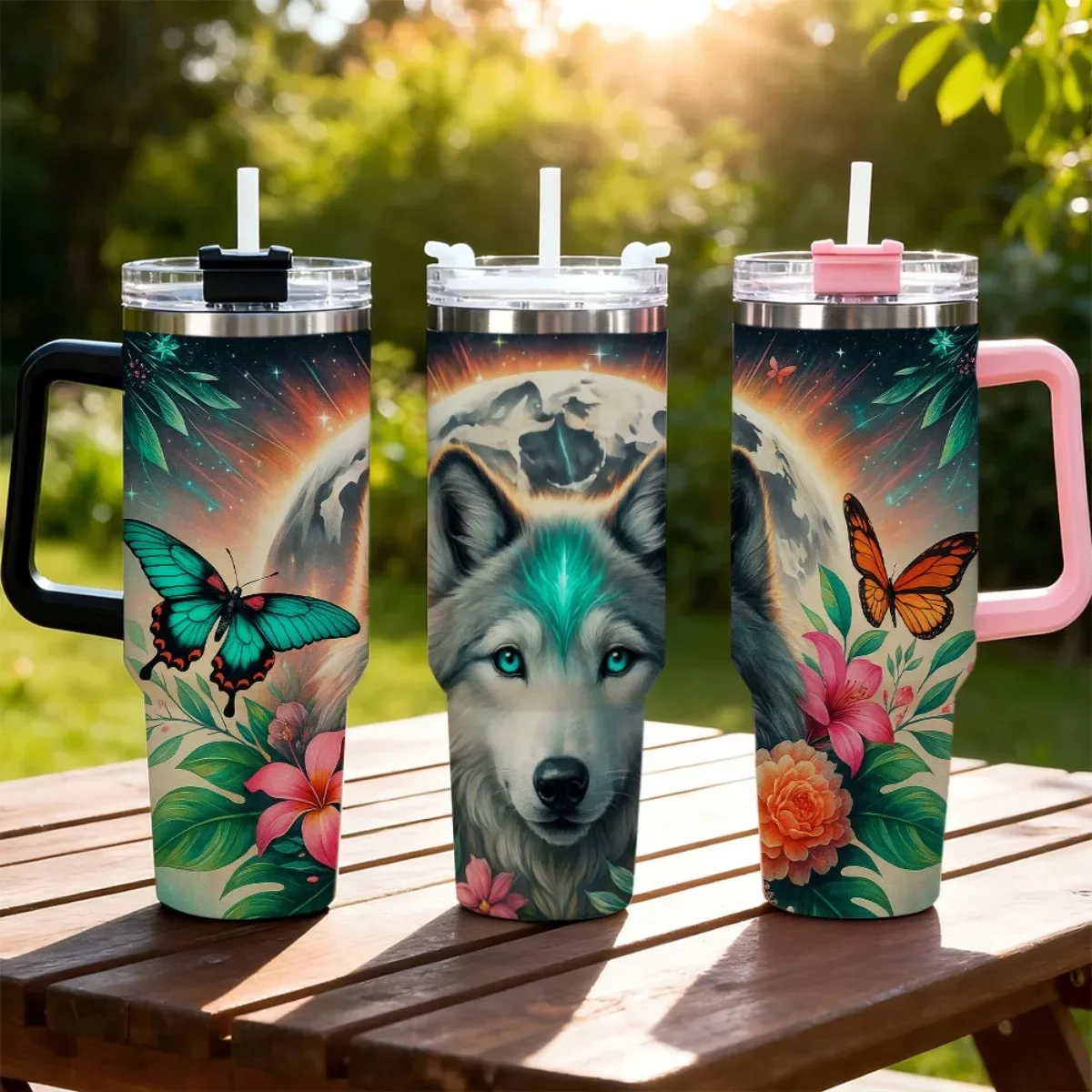 Single 40Oz Stainless Steel Travel Mug with 3Rd Generation Lid, Straw, And Cap - Insulated Tumbler Featuring Wolf And Butterfly Design for Both Hot And Cold Beverages, Reusable, Perfect for Birthday Or Holiday Gifts