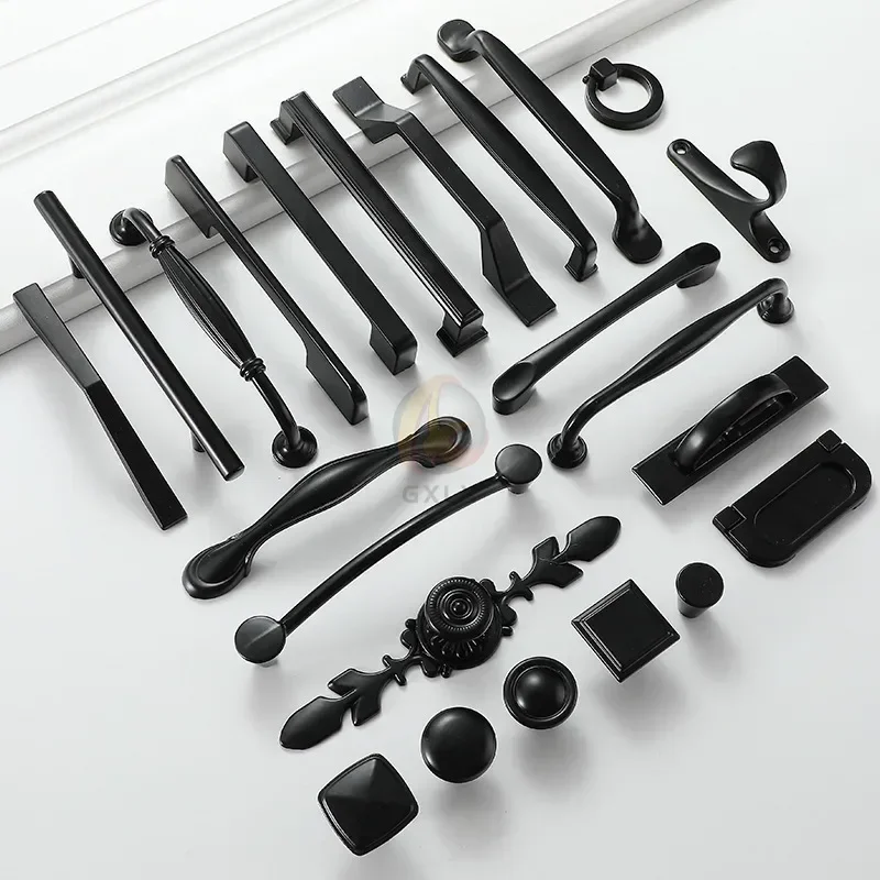 Black Cabinet Knobs Drawer Pulls, Matte Aluminum Furniture Handles for Kitchen Cupboard Wardrobe Doors Hardware