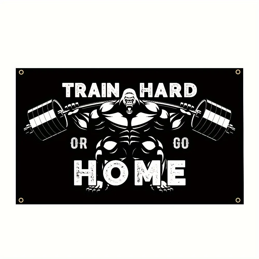 Gorilla-Flagge zum Gewichtheben mit Text „Train Hard Or Go Home“, Banner mit vier Ösen für die Wanddekoration im Fitnessraum