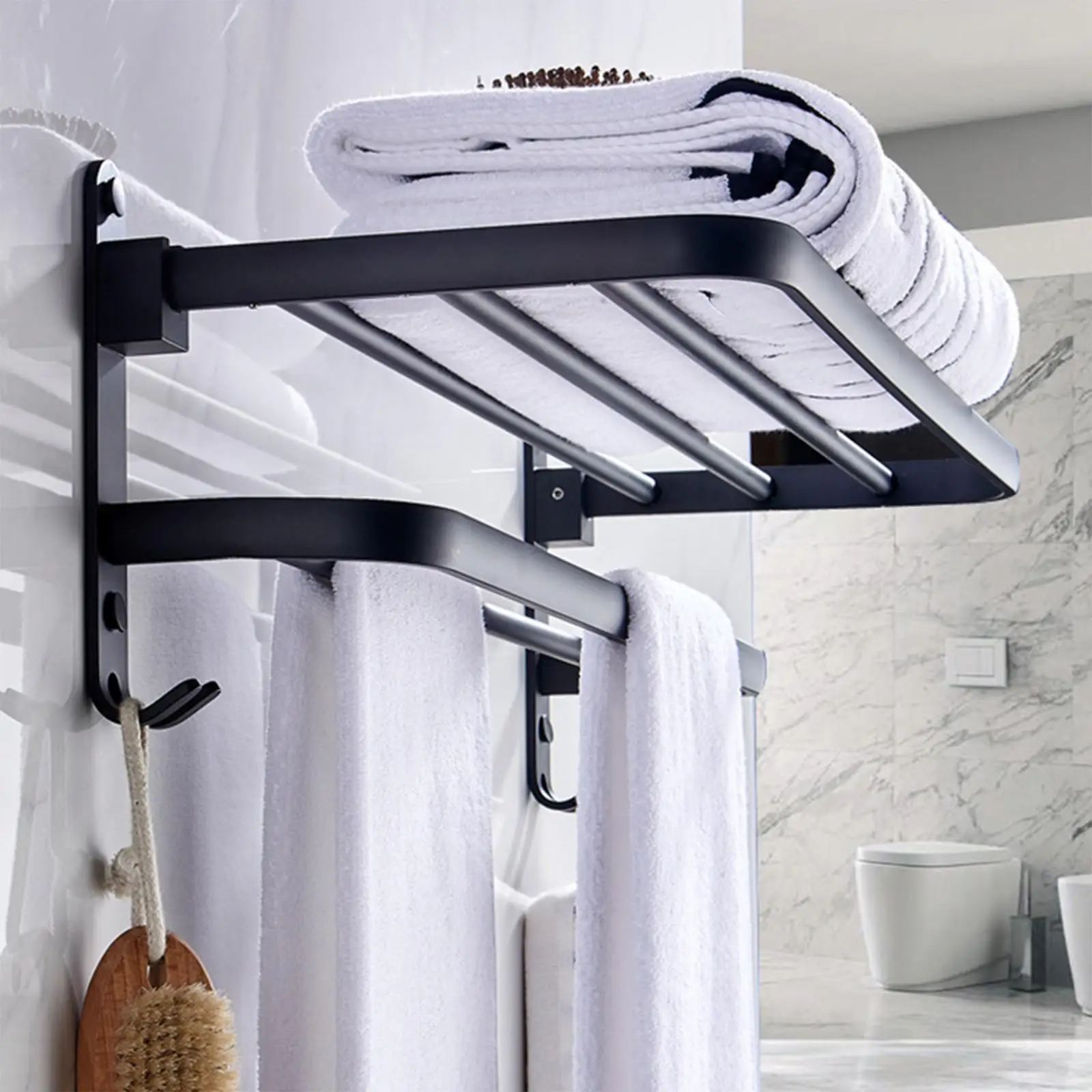 Shower Shelf Towel Holder Organizer Folding Wall Mount 23inch for Toilet Room, Bedroom, Washroom