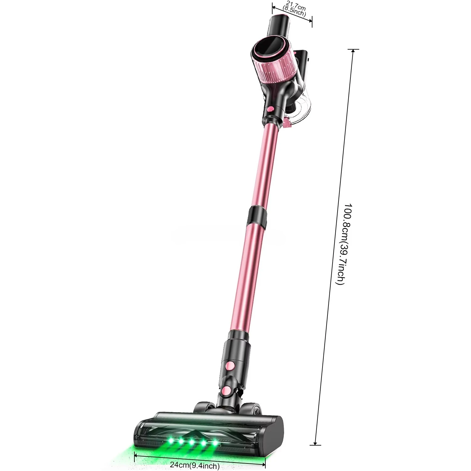 مكنسة كهربائية لاسلكية وردية، مضادة للتشابك، شاشة LED، 3 أوضاع شفط، LED أخضر، مكنسة كهربائية خفيفة الوزن