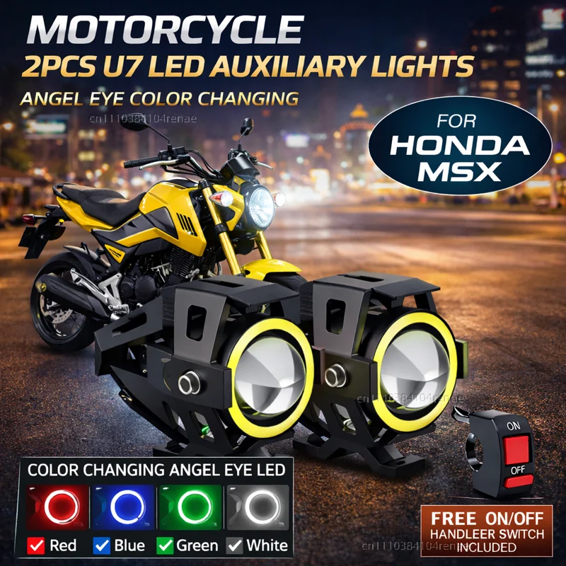 Waterproof Motorcycle LED Headlight 3000LMW U7 Motorbike LED Driving Fog Spot Light with Switch For Honda Grom125 MSX125