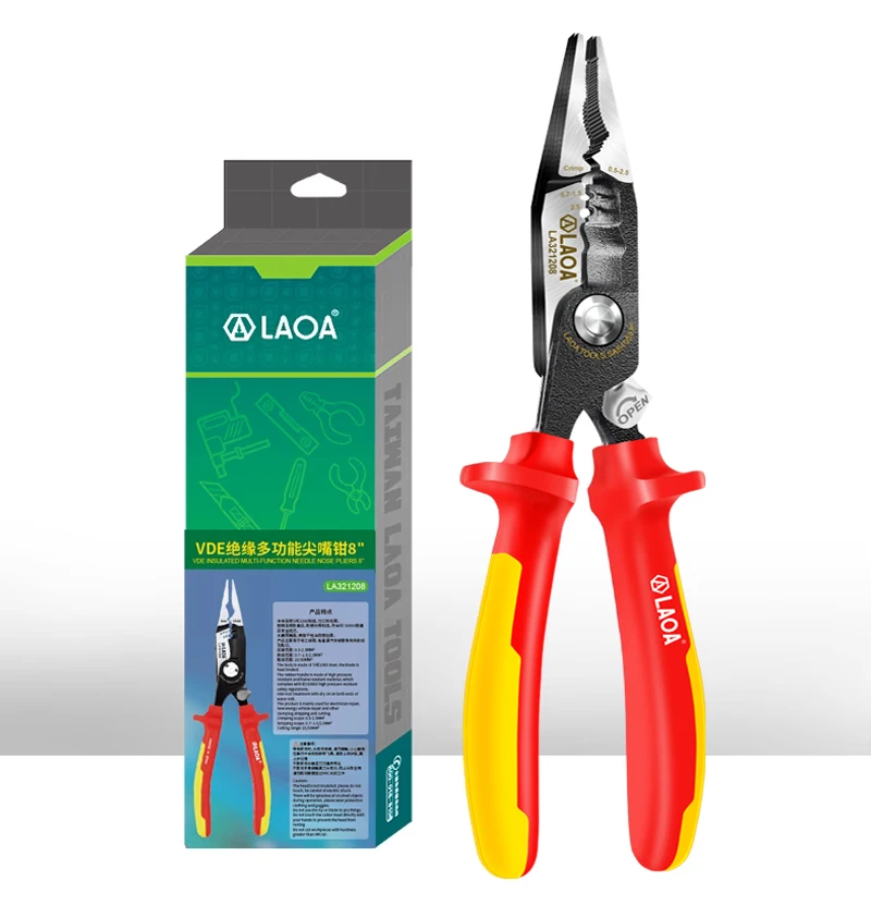 LAOA VDE Pliers 8 Inch Insulated Needle Nose Pliers High Voltage Resistance 1000V Wire Cutter Cable Cutting Strippers Hand Tools