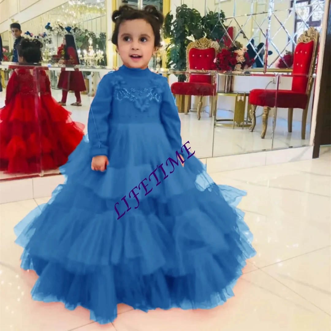 Cristalli O Collo Applique Manica lunga Una linea Piega Abito da ragazza di fiori Lunghezza pavimento Elegante abito da prima comunione Personalizzato