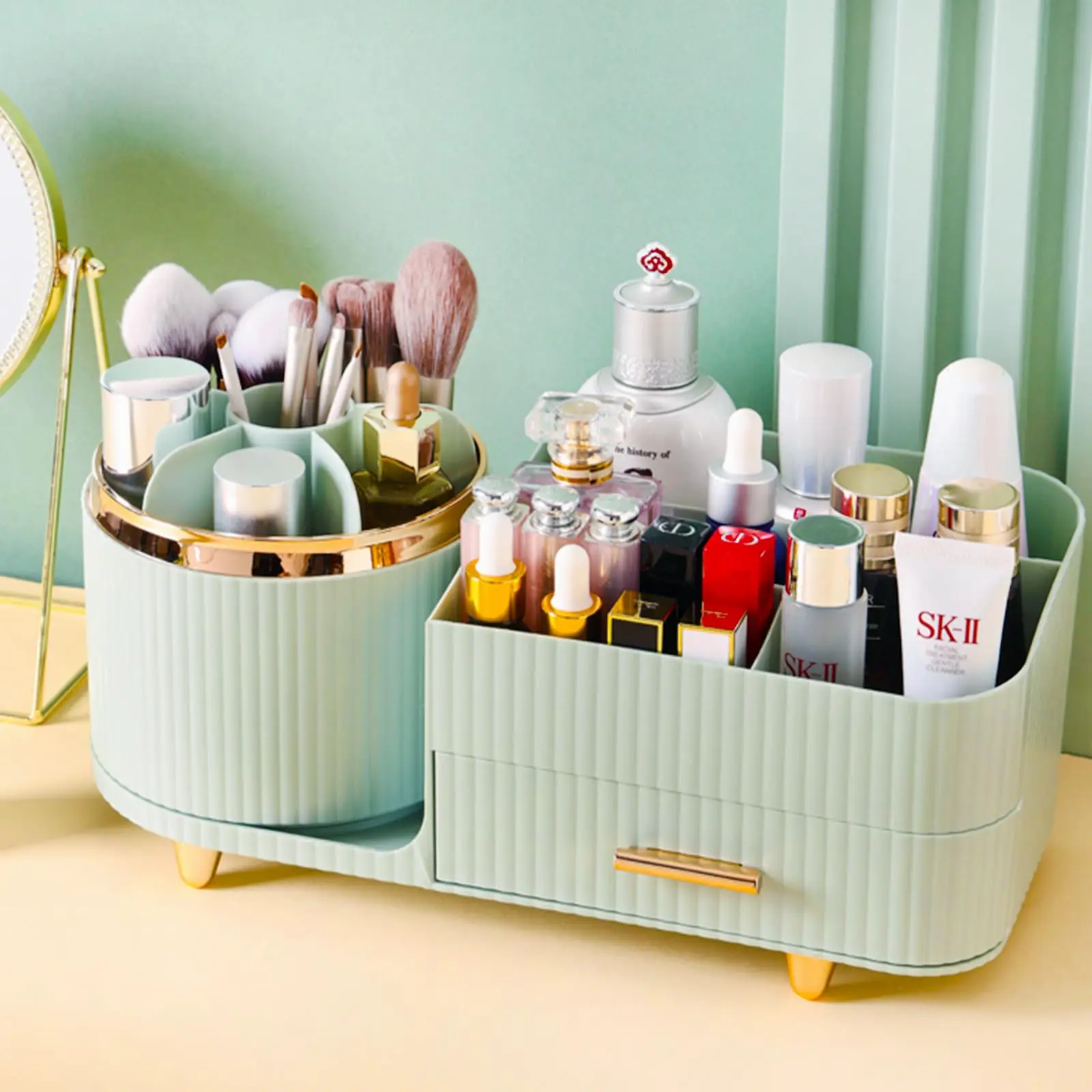 360 Rotating Makeup Organizer for Vanity with Brush Holder Drawer Large Spinning Cosmetic Storage Box For Women Gift