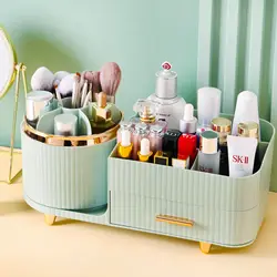 360 Rotating Makeup Organizer for Vanity with Brush Holder Drawer Large Spinning Cosmetic Storage Box For Women Gift