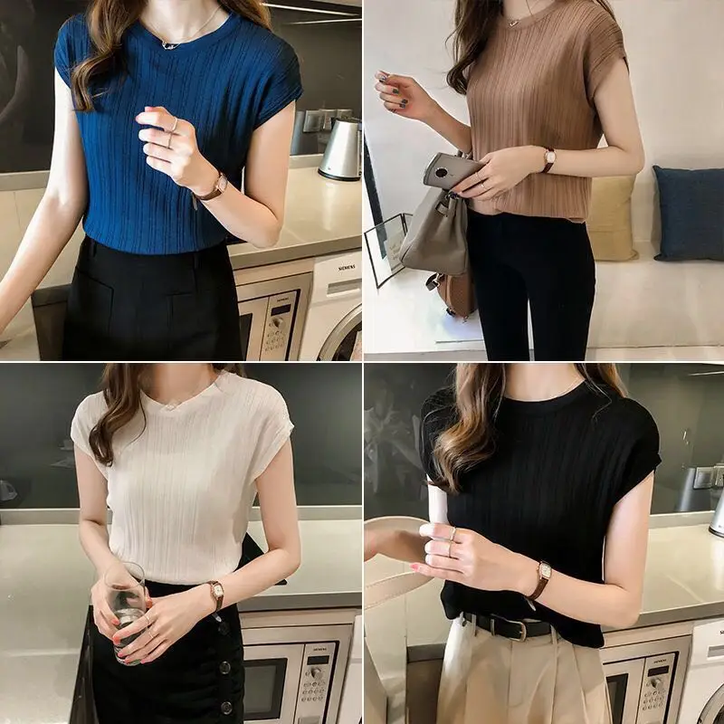Loose Knitted Short Sleeve T-Shirt Women's Fashionable Base Layer Shirt Spring Summer Casual Style Pure Color round Neck Top