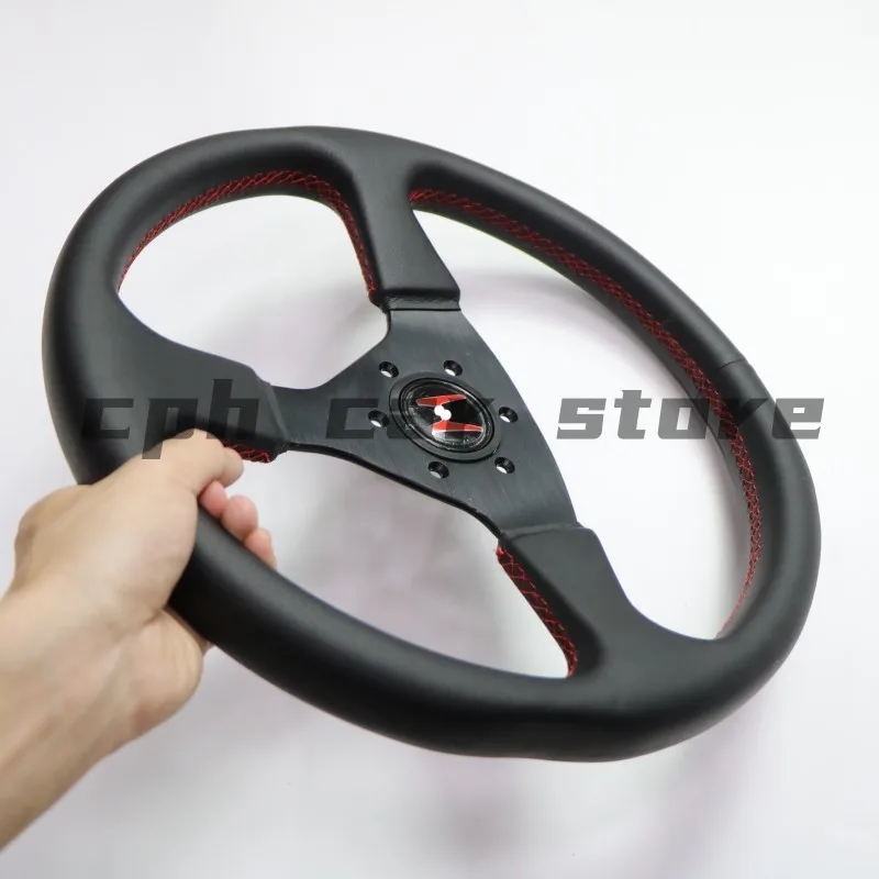 14 inches MOMO350MM, JDM, SIM Racing， H Tag-volante deportivo Universal para Honda, Artificial leather black and white horn cove