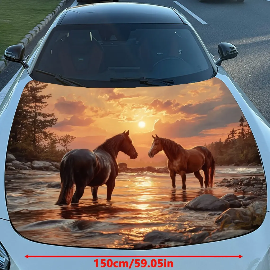 Brown Horses On The Stream Car Hood Vinyl Wrap - Self-Adhesive Scratch-Resistant Waterproof PVC Decal, Fit For Trucks & Cars, Du