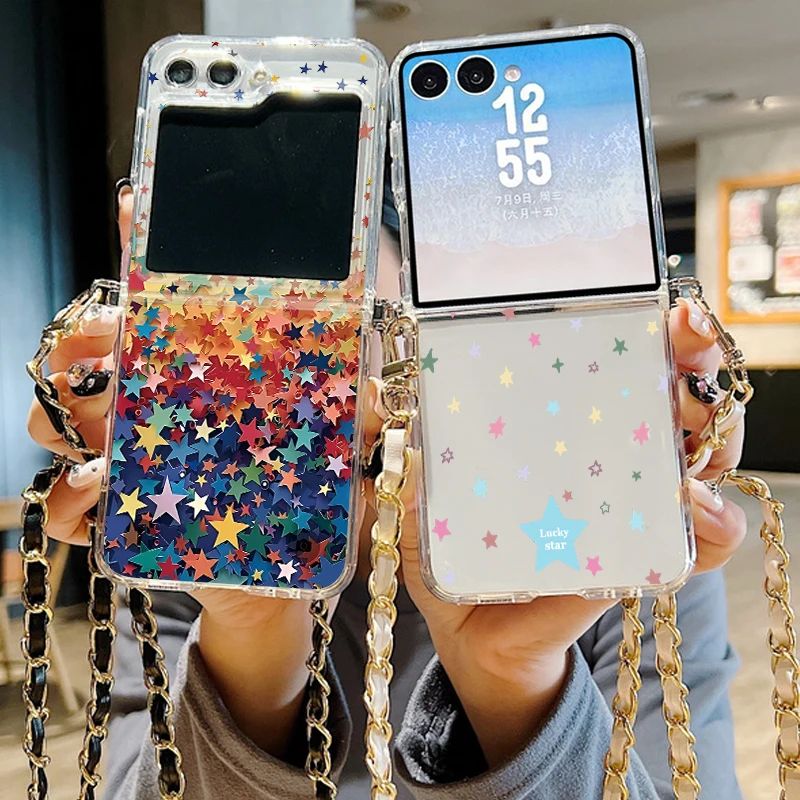Colorful Star Pattern Lanyard Phone Case For Samsung Galaxy Z Flip 8 7 6 5 4 3 5G Flip8 Flip7 FE Flip6 Crossbody Rope Soft Cover