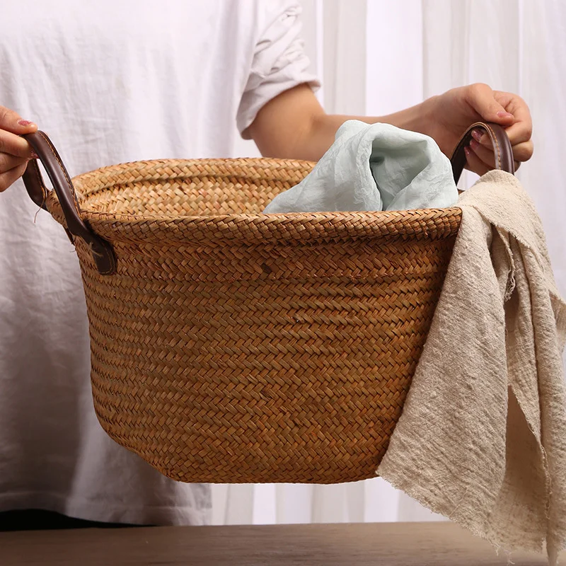 Seaweed Wicker Basket Rattan Seagrass Storage Basket Hanging Flower Plant Pot Basket Toy Laundry Basket leather handle