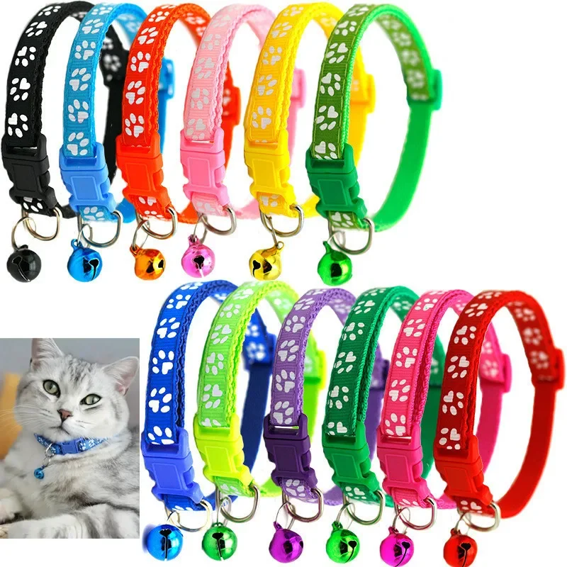 

Cute Pet Collar with Bell Cartoon Footprint Colorful Dog Puppy Cat Accessories Kitten Collar Adjustable Safety Bell Ring Necklac