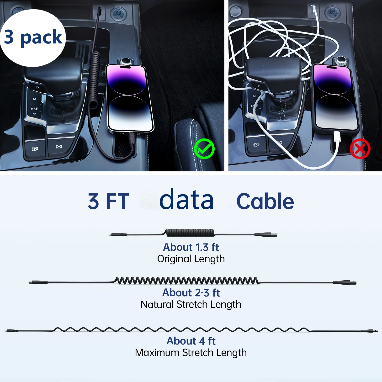 [MFi-zertifiziert] Spiralkabel für iPhone – 3 Fuß 2,4 A Schnellladung, einziehbares USB-Kabel für CarPlay und Reisen (schwarz)