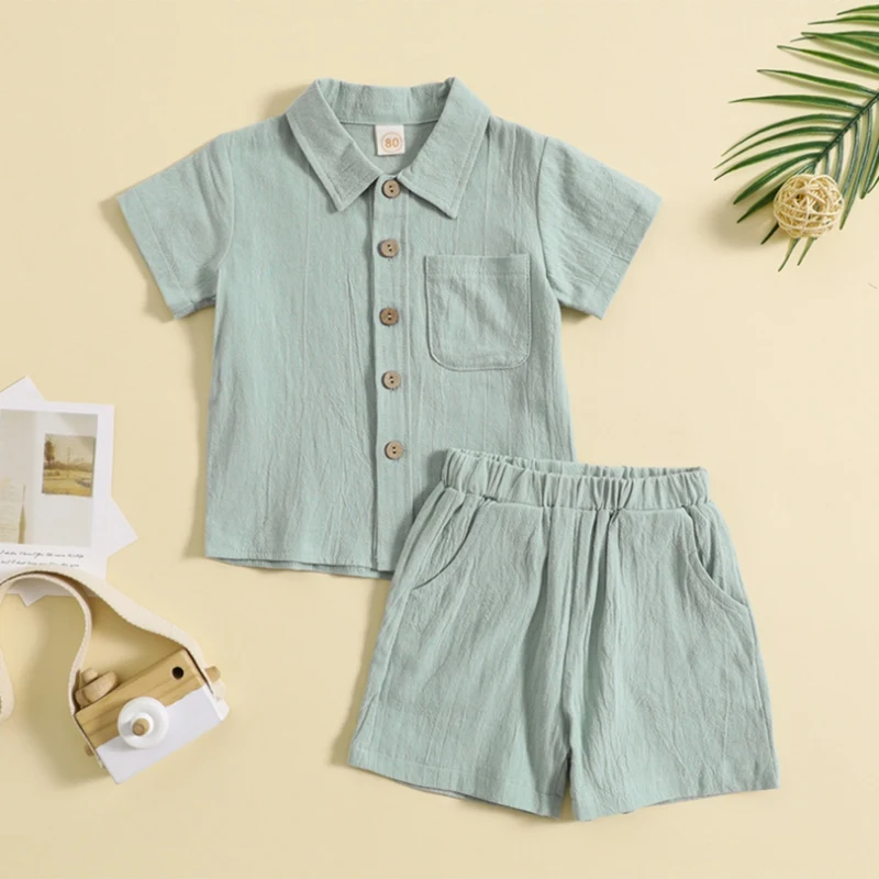 Newborn Baby Boys Summer Top Pant Clothes Sets Solid Cotton Linen Pocket Short Sleeve T-Shirts+Button Shorts Beach Casual Outfit