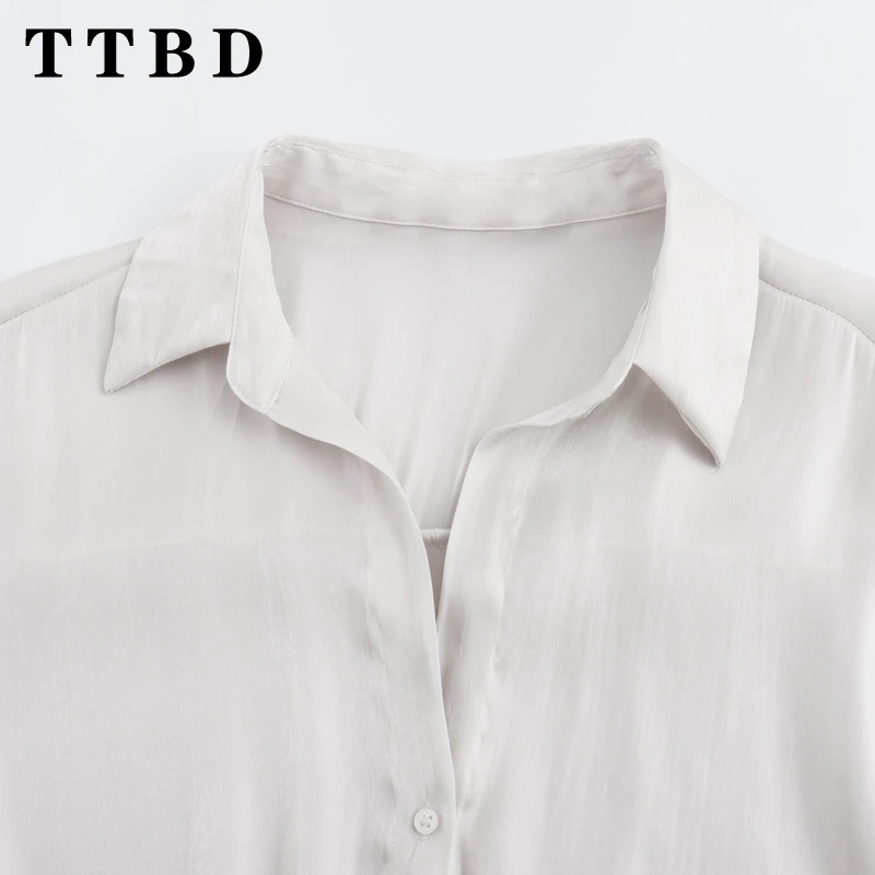 TTBD 2024 New Summer Women\'s Chic Oversized Satin Shirt Ladies Button Up Blouse Loose Light Grey Fashion Top