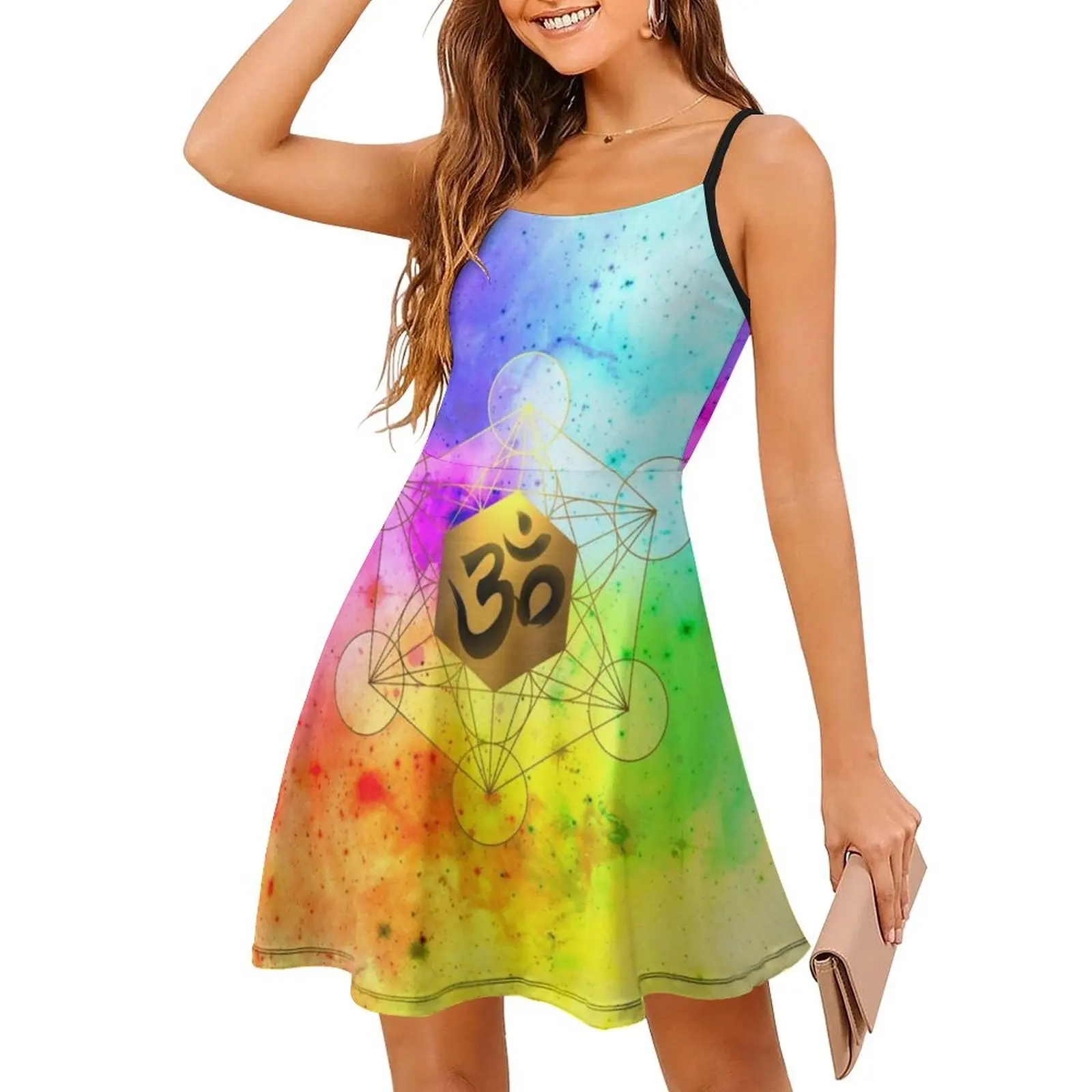 الهندسة المقدسة Metatron'S Cube Om Chant فستان سموك الأزهار للنساء الربيع الصيف فستان كاجوال للحزب الهندسة المقدسة Om
