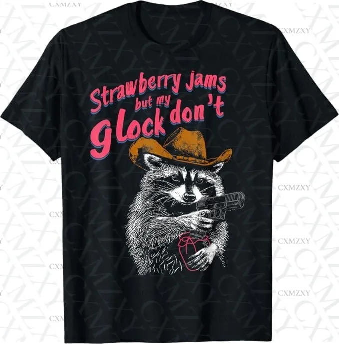 

Strawberry Jams But My Don't Funny Raccoon 100% Cotton Short sleeved T-shirt