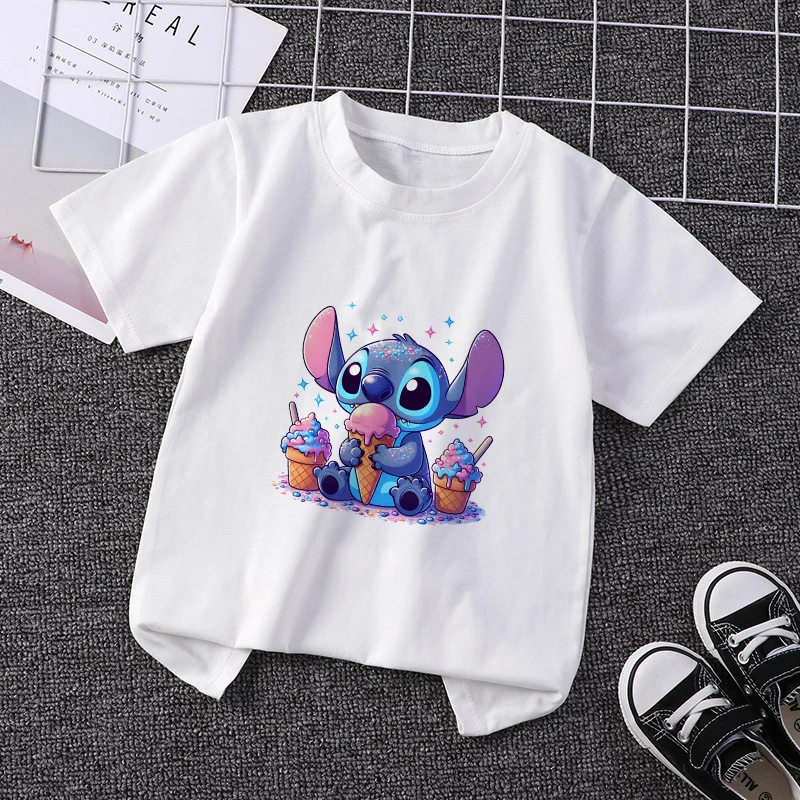 

Kids T-Shirt Stitch Children Birthday Cake Ice Cream Cartoons Tee Shirts Kawaii Casual Clothes Anime for Boy Girl Short Sleeved