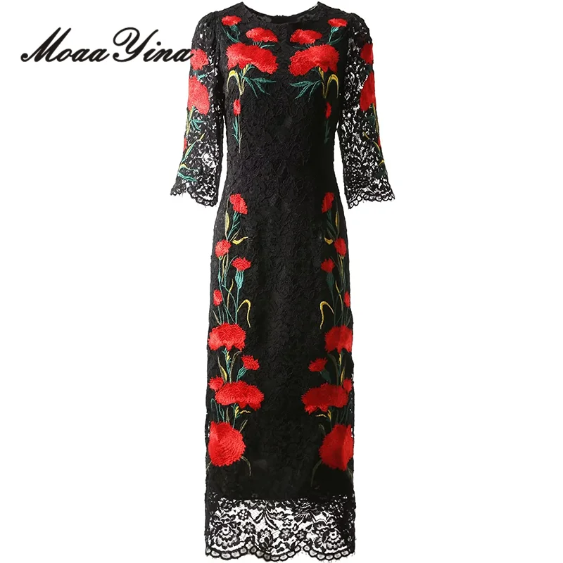 

MoaaYina Fashion Runway Autumn Winter Half Sleeve Maxi Dress Women's Dress Chic Lace Hollow Out Embroidery Design Slim Dresses